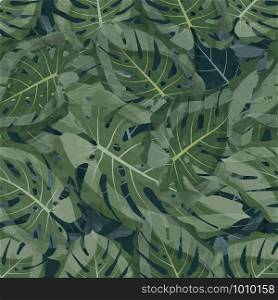 Seamless vector Tropical leaf pattern. Exotic Green Monstera Foliage Repeat Design for Textile Fabric. Natural Hawaii Forest Botanical Wallpaper. Tropic Abstract Graphic Illustration.. Seamless vector Tropical leaf pattern. Green