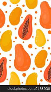 Seamless vector tropical pattern with mango and papaya. Fruit texture with white background and dots. Food surface for fabrics, wallpaper and wrapping paper.. Seamless vector tropical pattern with mango and papaya. Fruit texture with white background and dots. Food surface