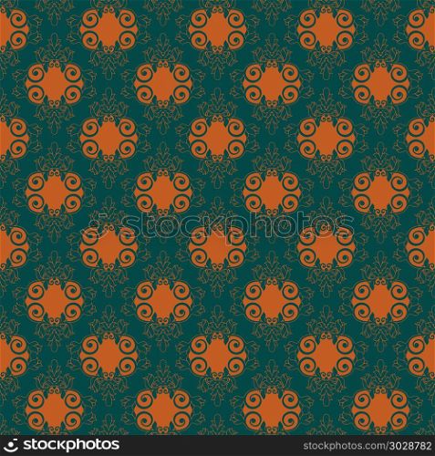Seamless vector vintage ornament with floral orange pattern on the turquoise background as a fabric texture. Seamless antique pattern
