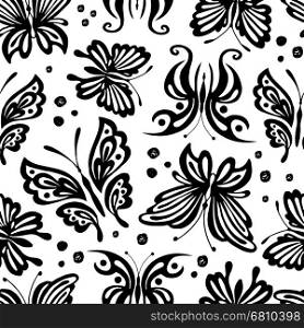 Seamless vector vintage pattern with black butterflies on a white background. Monochrome background. Seamless vector vintage pattern with black butterflies on a white background. Monochrome background.