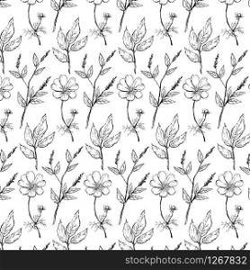 Seamless vector vintage pattern with Victorian bouquet of black flowers on a white background. Garden roses, tulips, delphinium, petunia.. Seamless vector vintage pattern with Victorian bouquet of black flowers on a white background. Garden roses, tulips, delphinium, petunia. Monochrome.