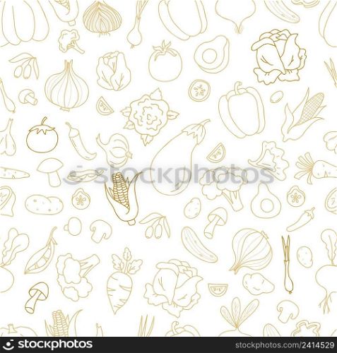 Seamless vegetable pattern. Linear hand drawn doodles of vegetables and fruits, root vegetables, mushrooms, olives and avocados on white background. Vector illustration for design, wallpaper packaging