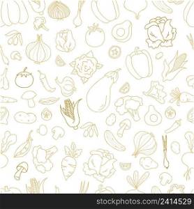 Seamless vegetable pattern. Linear hand drawn doodles of vegetables and fruits, root vegetables, mushrooms, olives and avocados on white background. Vector illustration for design, wallpaper packaging