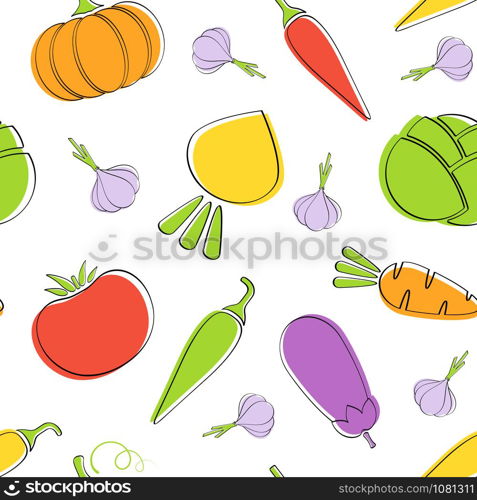 Seamless vegetable pattern vector flat food illustration. Natural colors pattern design with tomato and pepper, eggplant and carrot, pumpkin and garlic autumn harvest vegetable seamless texture.. Harvest vegetables seamless pattern vector design