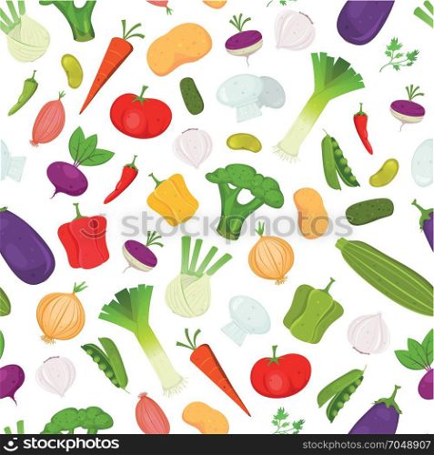 Seamless Vegetables Background. Illustration of a seamless background of cartoon spring vegetables, with various condiments and ingredients for food recipes