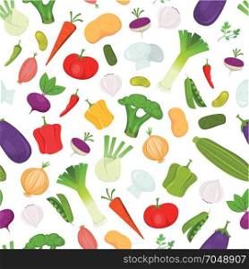 Seamless Vegetables Background. Illustration of a seamless background of cartoon spring vegetables, with various condiments and ingredients for food recipes
