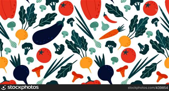 Seamless vegetables pattern. Hand drawn doodle vegetarian food. Vegetable kitchen radish, vegan beets and tomato. Vegan fabric, wrapping or healthy ecological meal menu vector illustration. Seamless vegetables pattern. Hand drawn doodle vegetarian food. Vegetable kitchen radish, vegan beets and tomato vector illustration