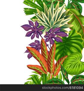 Seamless vertical border with tropical plants and leaves. Background made without clipping mask. Easy to use for backdrop, textile, wrapping paper.