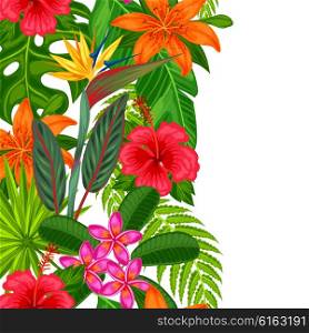 Seamless vertical border with tropical plants, leaves and flowers. Background made without clipping mask. Easy to use for backdrop, textile, wrapping paper.