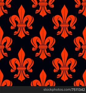Seamless victorian bright orange floral pattern of royal french fleur-de-lis ornament on navy blue background. Nice for medieval interior, luxury wallpaper or textile design. Seamless victorian orange fleur-de-lis pattern