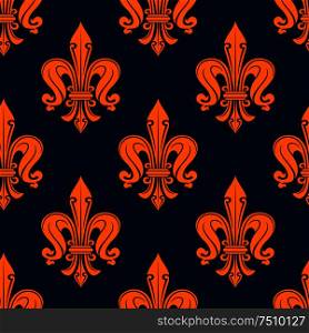 Seamless victorian floral pattern of orange fleur-de-lis lily flowers with curly ornament on blue background. For wallpaper or textile design. Seamless floral pattern of orange lilies