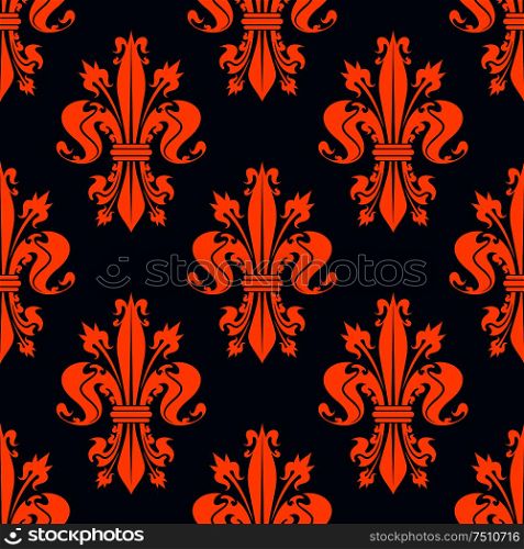 Seamless victorian royal floral pattern with stylized orange fleur-de-lis flowers on dark blue background. May be used for wallpaper or interior design. Blue and orange fleur-de-lis seamless pattern
