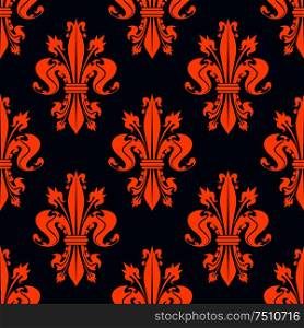 Seamless victorian royal floral pattern with stylized orange fleur-de-lis flowers on dark blue background. May be used for wallpaper or interior design. Blue and orange fleur-de-lis seamless pattern