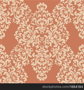 Seamless vintage distressed background. Oriental damask ornament with grunge and scuffs. Pink and beige. Vintage pattern for fabric, wallpaper and packaging.. Oriental damask ornament with grunge