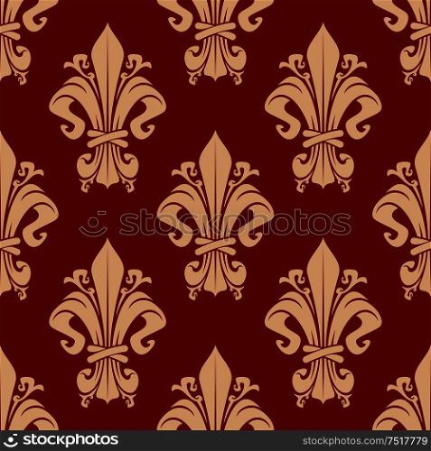 Seamless vintage fleur-de-lis pattern of beige florid victorian ornaments with decorative leaves and tendrils on red background. May be use as upholstery textile or wallpaper design. Seamless victorian fleur-de-lis pattern background