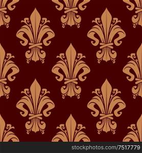 Seamless vintage fleur-de-lis pattern of beige florid victorian ornaments with decorative leaves and tendrils on red background. May be use as upholstery textile or wallpaper design. Seamless victorian fleur-de-lis pattern background