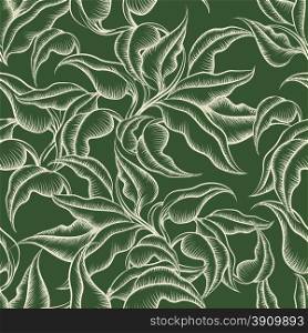 Seamless vintage floral pattern with leaves. Engraving style.