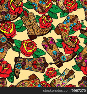 Seamless vintage pattern with cowboy boots and roses. Design element for poster, card, banner, clothes decoration. Vector illustration