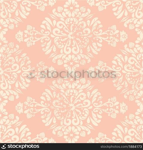 Seamless vintage shabby background. Damask oriental ornament with grunge and scuffs. Pink and beige. Vintage pattern for fabric wallpaper and packaging.. Seamless vintage shabby background.