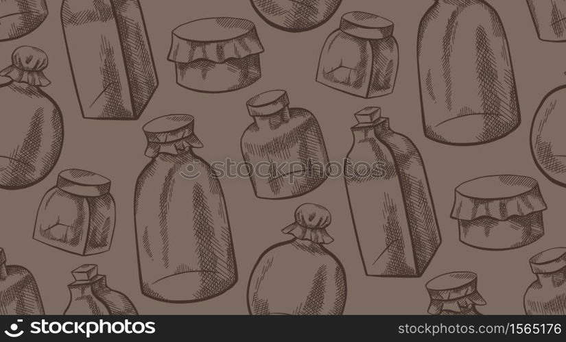 Seamless vintage texture with sketchy glass jars and flasks with hatching. Natural medicine. Ointments and drugs. Vector pattern for fabrics, covers, wallpapers and your creativity.. Seamless vintage texture with sketchy glass jars and flasks with hatching. Natural medicine. Ointments and drugs. Vector pattern