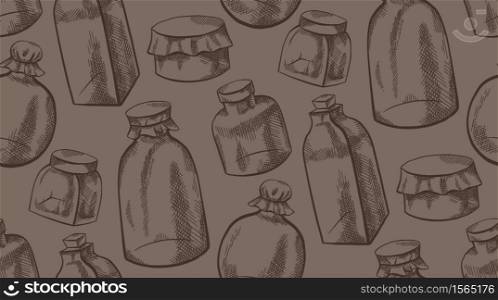 Seamless vintage texture with sketchy glass jars and flasks with hatching. Natural medicine. Ointments and drugs. Vector pattern for fabrics, covers, wallpapers and your creativity.. Seamless vintage texture with sketchy glass jars and flasks with hatching. Natural medicine. Ointments and drugs. Vector pattern