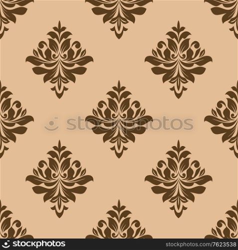 Seamless vintage wallpaper design of floral arabesques in a repeat pattern of brown on beige, vector illustration