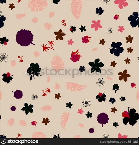 Seamless vivid silhouette tropical plants on the pink background