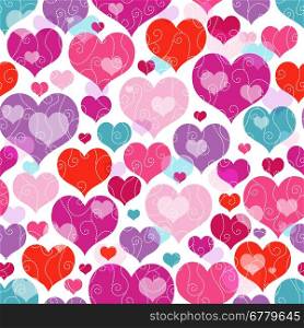 Seamless vivid valentine pattern with decorative colorful hearts and curls (vector EPS 10)