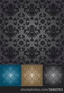 Seamless wallpaper pattern floral, black, blue, bronze