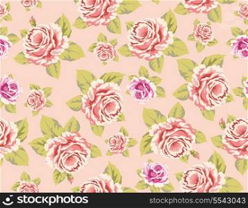 Seamless wallpaper pattern with of pink roses on yellow background, vector illustration