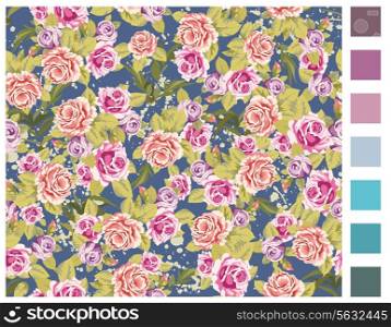 Seamless wallpaper pattern with of purple and pink roses. Easy to change background color