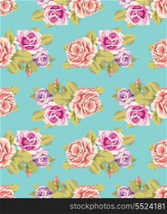 Seamless wallpaper pattern with of purple and pink roses on turquoise background, vector illustration