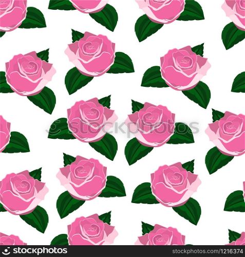 seamless wallpaper pink roses on a green background with leaves. seamless wallpaper pink roses