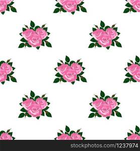 Seamless wallpaper pink roses on a white background with leaves. Seamless wallpaper pink roses
