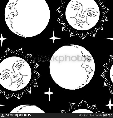 Seamless wallpaper the Moon and Sun with faces vector background