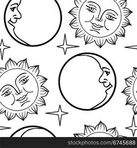 Seamless wallpaper the Moon and Sun with faces vector background