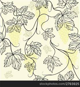 Seamless Wallpaper with floral ornament with leafs and grapes for vintage design, Vector retro background