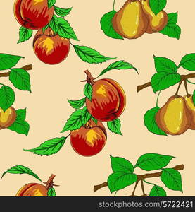 Seamless wallpaper with peaches and pears.