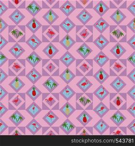 Seamless wallpaper with tropical fruit pineapple, palm tree and pink flamingo silhouette in various positions. On a light purple geometric pattern background
