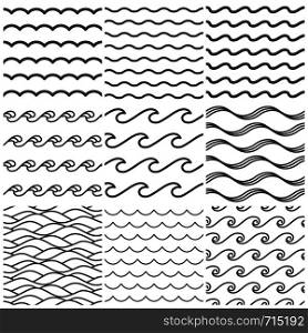 Seamless water waves pattern. Sea wave, ocean waters and wavy lake. Aqua patterns vector background, abstract water ripple. Marine curve line shape isolated symbols collection. Seamless water waves pattern. Sea wave, ocean waters and wavy lake. Aqua patterns vector background collection