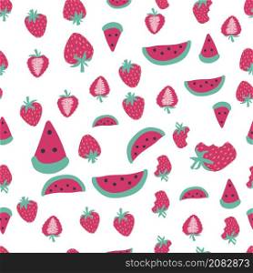 Seamless watermelon and strawberry pattern. Strawberries and watermelon seamless hand drawn pattern. Seamless watermelon and strawberry pattern.