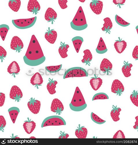 Seamless watermelon and strawberry pattern. Strawberries and watermelon seamless hand drawn pattern. Seamless watermelon and strawberry pattern.