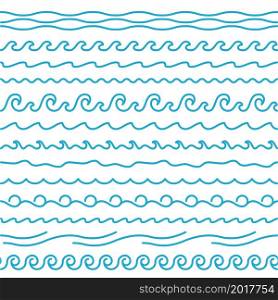 Seamless wavy lines borders. Smooth curves shapes, soft and twisted and spiral elements, water surface symbols, blue squiggles, ocean abstract simple symbols. Minimal aqua ornament vector isolated set. Seamless wavy lines borders. Smooth curves shapes, soft and twisted and spiral elements, water surface symbols, blue squiggles, ocean abstract symbols. Minimal aqua ornament vector set
