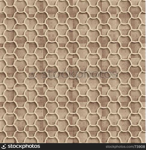 Seamless Web Hexagon Pattern. Beige Tile Surface Black Dots Of Different Sizes On The Bottom Layer. Frame Border Wallpaper. Elegant Repeating Vector Ornament