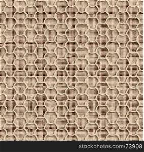 Seamless Web Hexagon Pattern. Beige Tile Surface Black Dots Of Different Sizes On The Bottom Layer. Frame Border Wallpaper. Elegant Repeating Vector Ornament