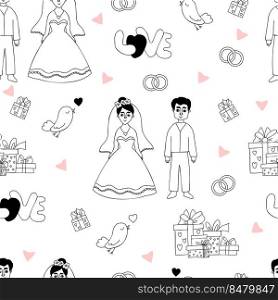 Seamless wedding pattern. Couple newlyweds, bride and groom, love, bird with heart, gifts and wedding rings on white background. Linear doodle. Vector illustration for design, decor, wallpaper, print