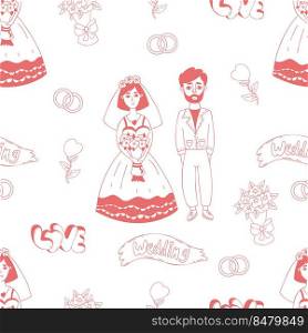 Seamless wedding pattern. Couple of newlyweds, bride and groom, hearts, wedding rings, brides bouquet on white background. Linear hand drawing. Vector illustration for design, decor, wallpaper, print
