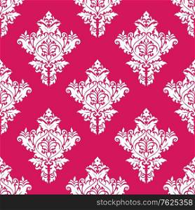 Seamless white colored floral arabesque pattern in damask style motifs suitable for wallpaper, tiles and fabric design isolated over pink colored background. Floral seamless arabesque pattern