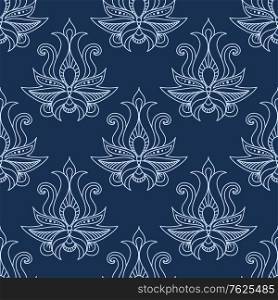 Seamless white colored floral paisley pattern in damask style motifs suitable for wallpaper, tiles and fabric design in square format isolated over blue colored background. Floral seamless arabesque pattern