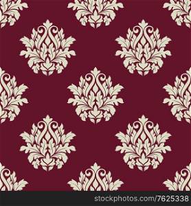Seamless white floral arabesque pattern in damask style motifs suitable for wallpaper, tiles and fabric design isolated over maroon colored background. Floral seamless arabesque pattern